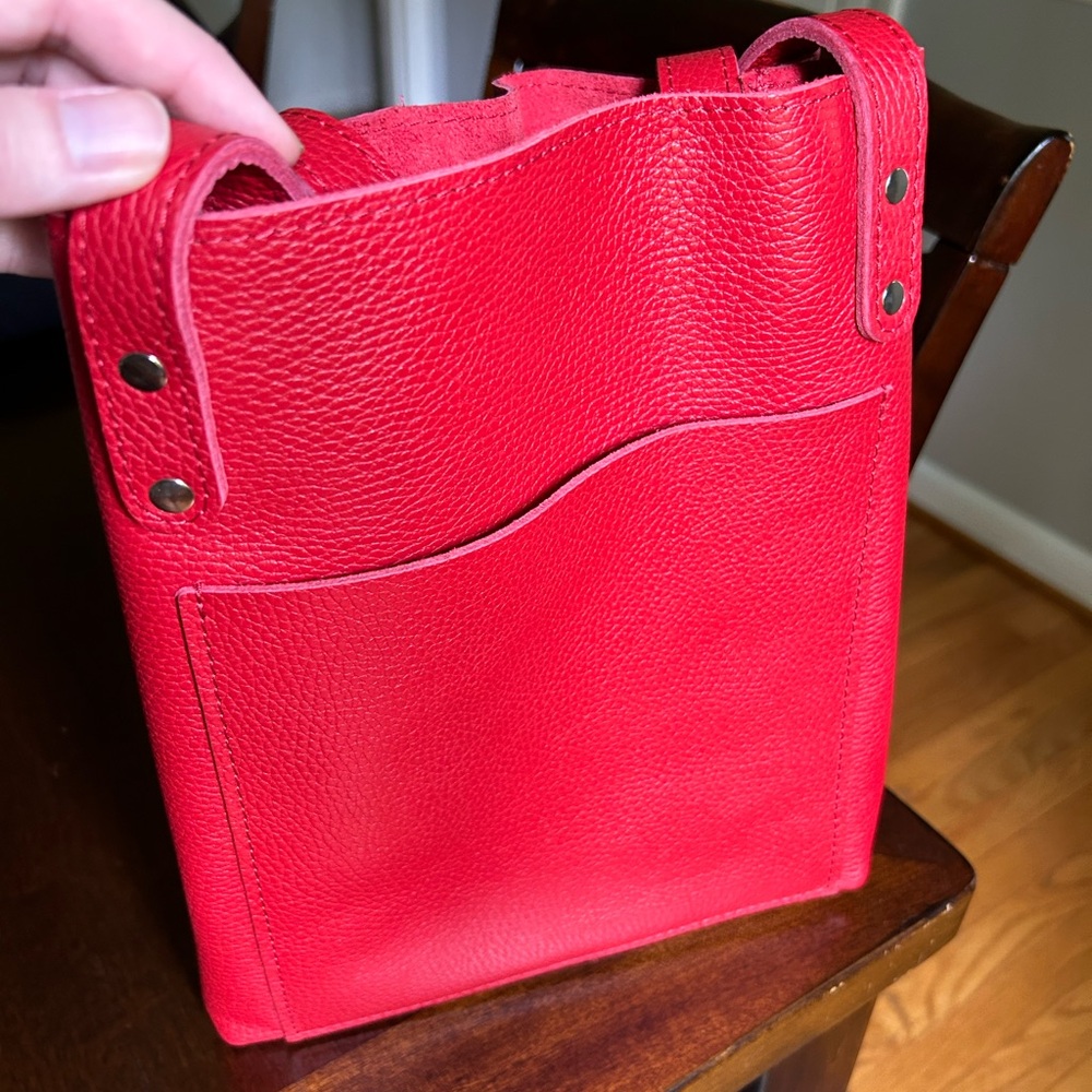NWOT Great Brown Small Red Leather Tote
